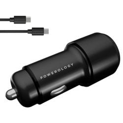 Powerology Aluminum USB + PD Car Charger 36W with Type-C Cable 0.9M - Black