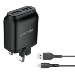 Porodo Dual USB Wall Charger 2.4A with Improved Version PVC Lightning Cable 1.2m - Black