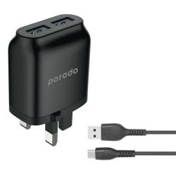 Porodo Dual USB Wall Charger 2.4A with Improved Version PVC Type-C Cable 1.2m - Black