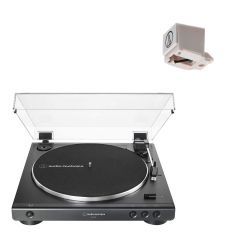مشغل الأسطوانات Audio-Technica AT-LP60X بتقنية الحزام الأوتوماتيكي بالكامل - أسود مع إبرة استبدال ATN3600L
