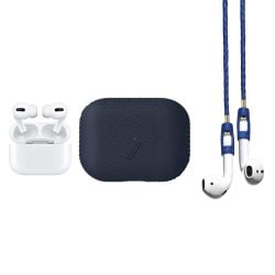 حزمة: سماعة ايربودز برو Apple AirPods Pro اللاسلكية الملغية للضجيج من ابل + حافظة Native Union - Curve لسماعات ايربودز برو - لون أزرق داكن + شريط من الجلد Tapper Strap لسماعات ايربودز وايربودز برو - لون أزرق