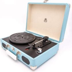 مشغل أسطوانات  GPO Soho Retro Briefcase Style Turntable من جي بي أو – لون أزرق
