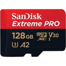 SanDisk Extreme Pro 128GB microSDXC Memory Card + SD Adapter with A2 App Performance + Rescue Pro Deluxe - Red/Gold (SDSQXCY-128G-GN6MA)
