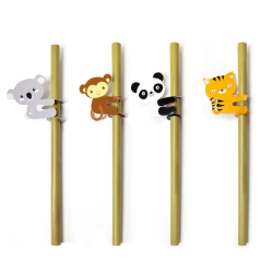 KIKKERLAND Animal Bamboo Straws - Set of 4 - Wooden Brown