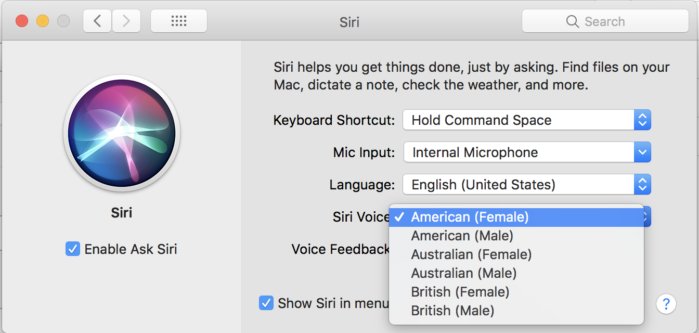 Siri settings on MacOS