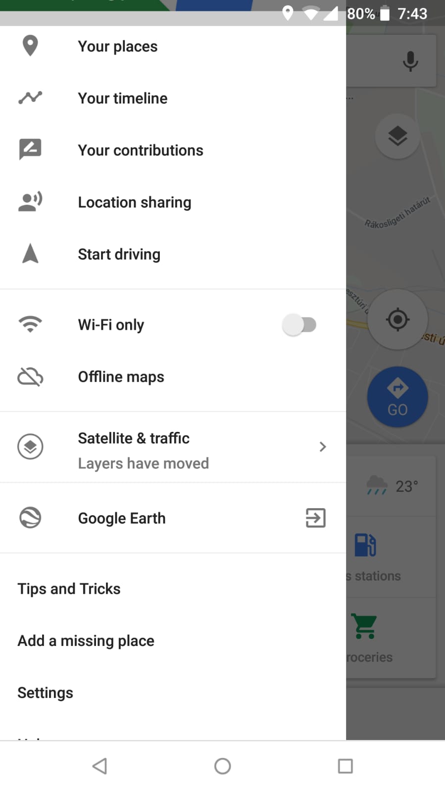 Google Maps options menu